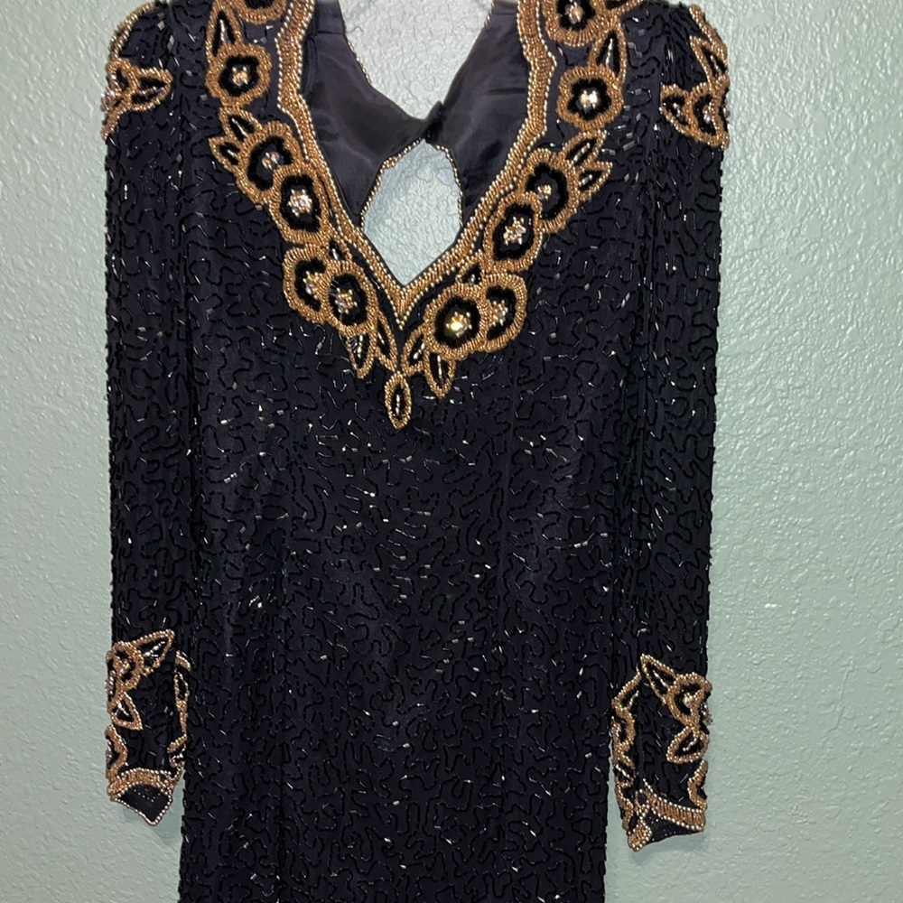 vintage long sleeve heavily beaded black and gold silk dress 70s 80s Morigana - Picture 3 of 8